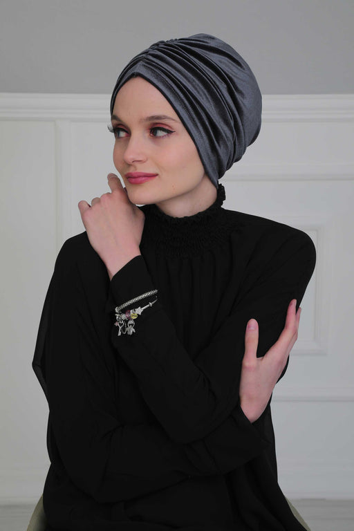 Elegant Velvet Shirred Instant Turban for Women, Luxurious Velour Instant Headwrap, Fashionable Pre-Tied Hijab Turban Cap for Women,B-20K Anthracite