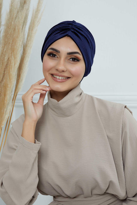 Elegant Velvet Shirred Instant Turban for Women, Luxurious Velour Instant Headwrap, Fashionable Pre-Tied Hijab Turban Cap for Women,B-20K Navy Blue