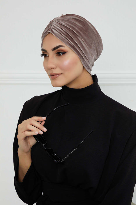 Elegant Velvet Shirred Instant Turban for Women, Luxurious Velour Instant Headwrap, Fashionable Pre-Tied Hijab Turban Cap for Women,B-20K Mink