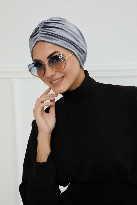 Elegant Velvet Shirred Instant Turban for Women, Luxurious Velour Instant Headwrap, Fashionable Pre-Tied Hijab Turban Cap for Women,B-20K Grey