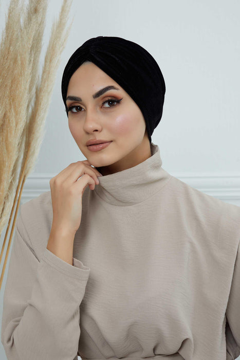 Elegant Velvet Shirred Instant Turban for Women, Luxurious Velour Instant Headwrap, Fashionable Pre-Tied Hijab Turban Cap for Women,B-20K Black