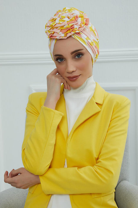 Fashionable High Quality Instant Turban Scarf Head Wrap made from Combed Cotton, Chemo Headwear with Beautiful Rose Patterns,B-21YD Floral Sunrise