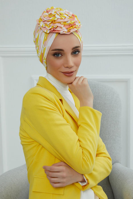 Fashionable High Quality Instant Turban Scarf Head Wrap made from Combed Cotton, Chemo Headwear with Beautiful Rose Patterns,B-21YD Floral Sunrise