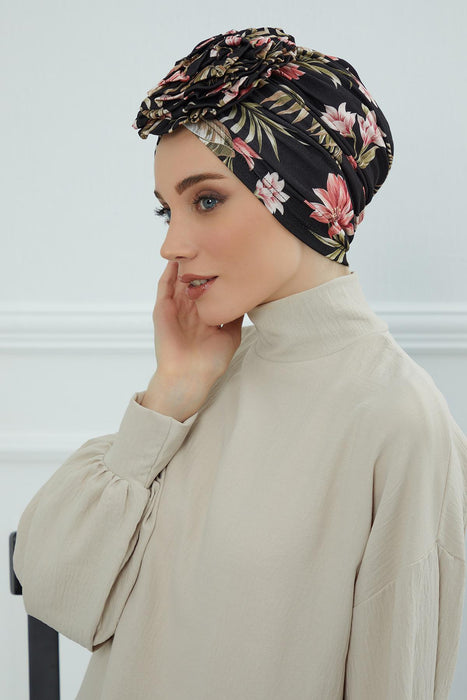 Fashionable High Quality Instant Turban Scarf Head Wrap made from Combed Cotton, Chemo Headwear with Beautiful Rose Patterns,B-21YD Dark Forest