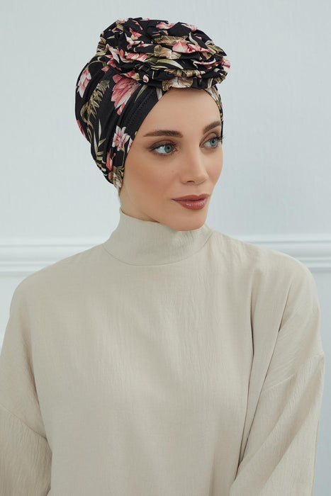 Fashionable High Quality Instant Turban Scarf Head Wrap made from Combed Cotton, Chemo Headwear with Beautiful Rose Patterns,B-21YD Dark Forest
