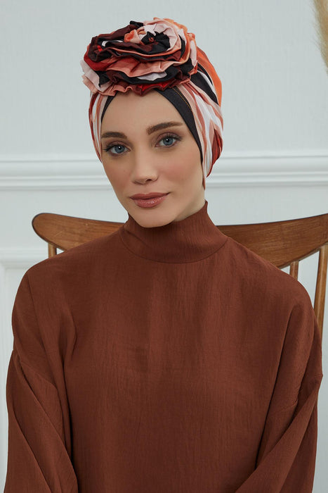 Fashionable High Quality Instant Turban Scarf Head Wrap made from Combed Cotton, Chemo Headwear with Beautiful Rose Patterns,B-21YD Retro Waves