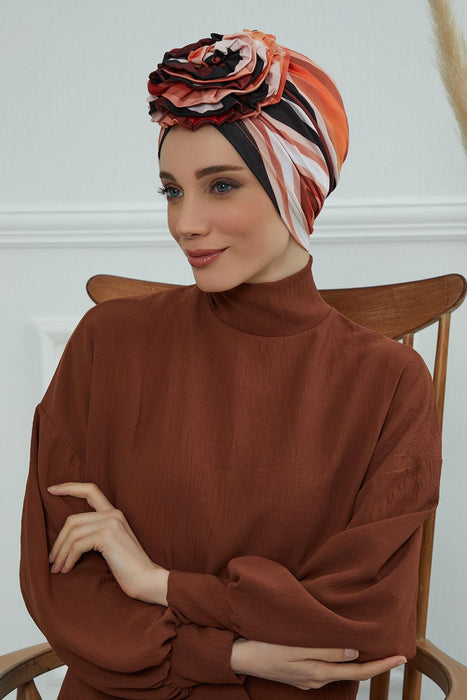 Fashionable High Quality Instant Turban Scarf Head Wrap made from Combed Cotton, Chemo Headwear with Beautiful Rose Patterns,B-21YD Retro Waves