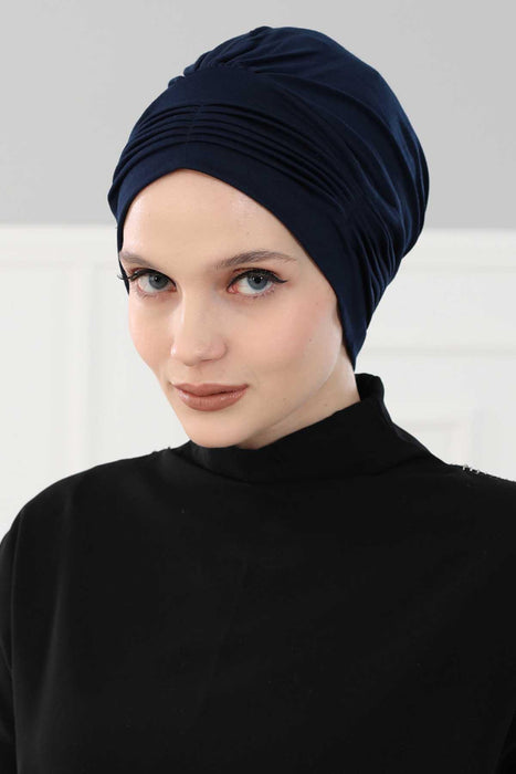 Fashionable Pleated Instant Turban Hijab for Women, Breathable Cotton Stretch Head Cover, High Quality Chemo & Alopecia Headwrap,B-19 Navy Blue