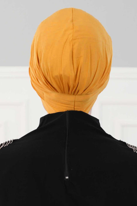Fashionable Pleated Instant Turban Hijab for Women, Breathable Cotton Stretch Head Cover, High Quality Chemo & Alopecia Headwrap,B-19 Mustard Yellow
