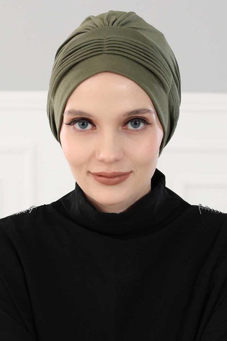 Fashionable Pleated Instant Turban Hijab for Women, Breathable Cotton Stretch Head Cover, High Quality Chemo & Alopecia Headwrap,B-19 Army Green