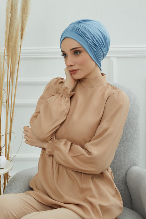 Fashionable Pleated Instant Turban Hijab for Women, Breathable Cotton Stretch Head Cover, High Quality Chemo & Alopecia Headwrap,B-19 Blue