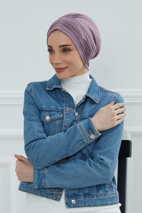 Fashionable Pleated Instant Turban Hijab for Women, Breathable Cotton Stretch Head Cover, High Quality Chemo & Alopecia Headwrap,B-19 Lilac