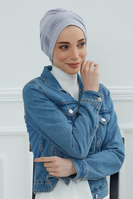 Fashionable Pleated Instant Turban Hijab for Women, Breathable Cotton Stretch Head Cover, High Quality Chemo & Alopecia Headwrap,B-19 Grey 2
