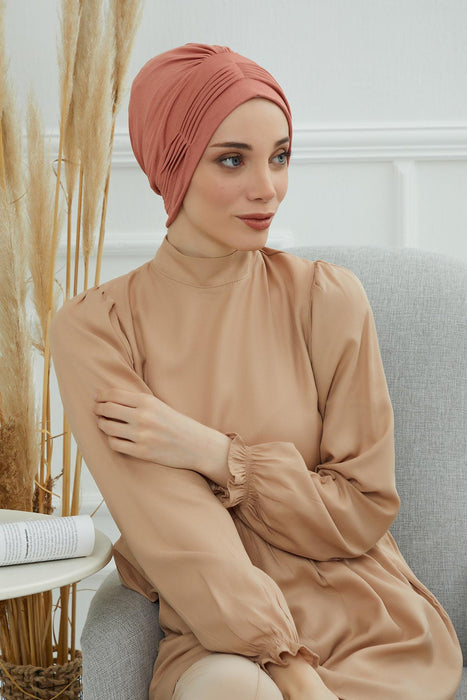 Fashionable Pleated Instant Turban Hijab for Women, Breathable Cotton Stretch Head Cover, High Quality Chemo & Alopecia Headwrap,B-19 Salmon