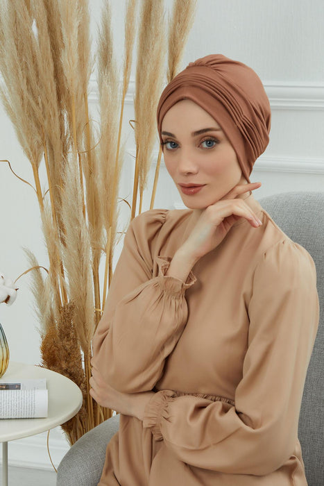 Fashionable Pleated Instant Turban Hijab for Women, Breathable Cotton Stretch Head Cover, High Quality Chemo & Alopecia Headwrap,B-19 Caramel Brown