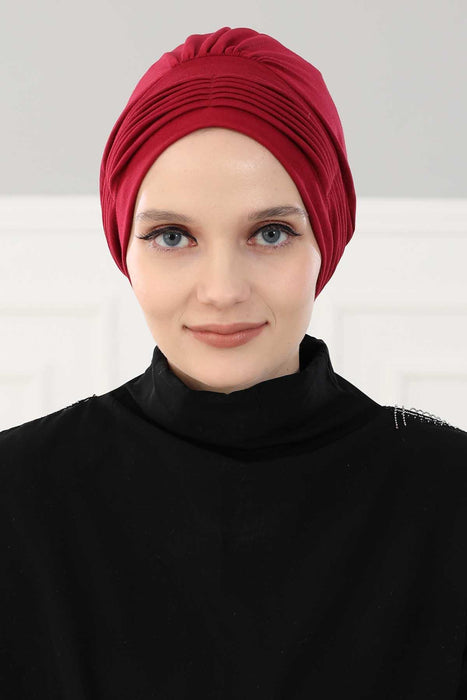 Fashionable Pleated Instant Turban Hijab for Women, Breathable Cotton Stretch Head Cover, High Quality Chemo & Alopecia Headwrap,B-19 Maroon