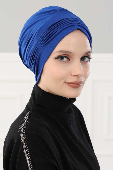 Fashionable Pleated Instant Turban Hijab for Women, Breathable Cotton Stretch Head Cover, High Quality Chemo & Alopecia Headwrap,B-19 Sax Blue