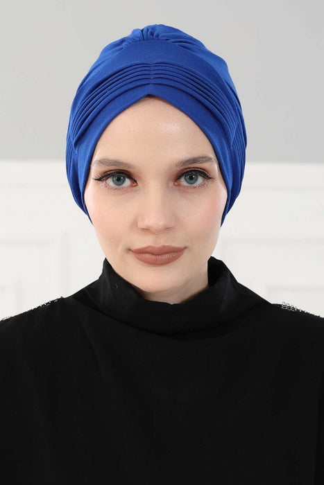 Fashionable Pleated Instant Turban Hijab for Women, Breathable Cotton Stretch Head Cover, High Quality Chemo & Alopecia Headwrap,B-19 Sax Blue