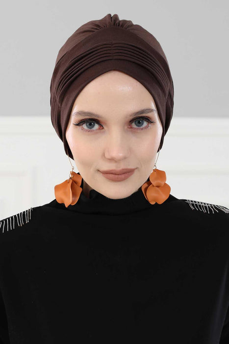 Fashionable Pleated Instant Turban Hijab for Women, Breathable Cotton Stretch Head Cover, High Quality Chemo & Alopecia Headwrap,B-19 Brown