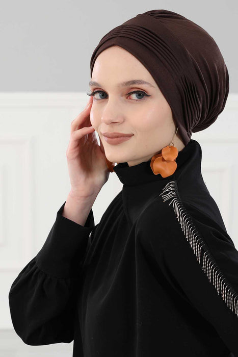 Fashionable Pleated Instant Turban Hijab for Women, Breathable Cotton Stretch Head Cover, High Quality Chemo & Alopecia Headwrap,B-19 Brown