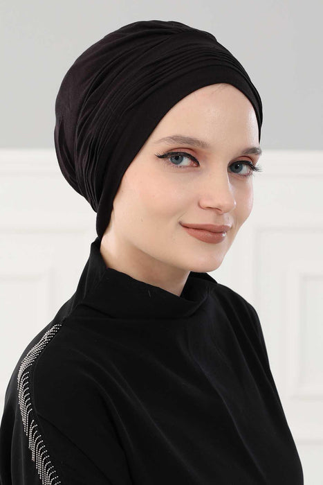 Fashionable Pleated Instant Turban Hijab for Women, Breathable Cotton Stretch Head Cover, High Quality Chemo & Alopecia Headwrap,B-19 Black