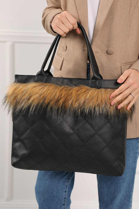 Faux Fur and Quilted Faux Leather and Faux Fur Plush Stylish Handbag for Women,CK-21