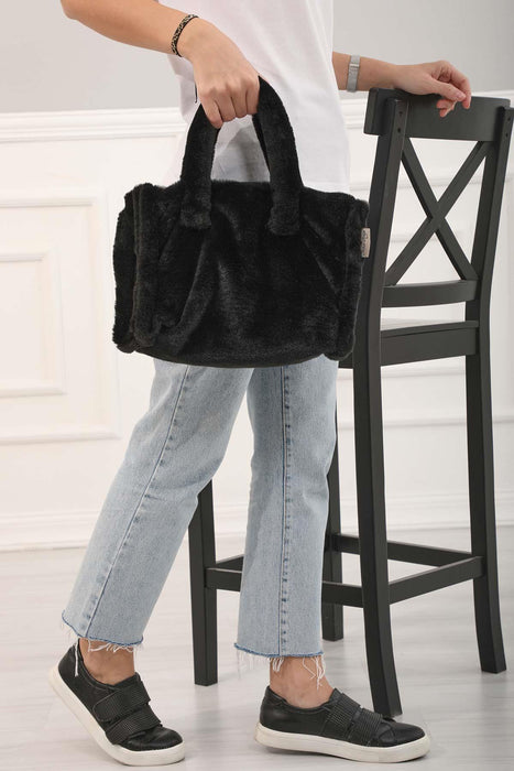 Faux Fur Plush Stylish Handbag for Women,CE-3 Black