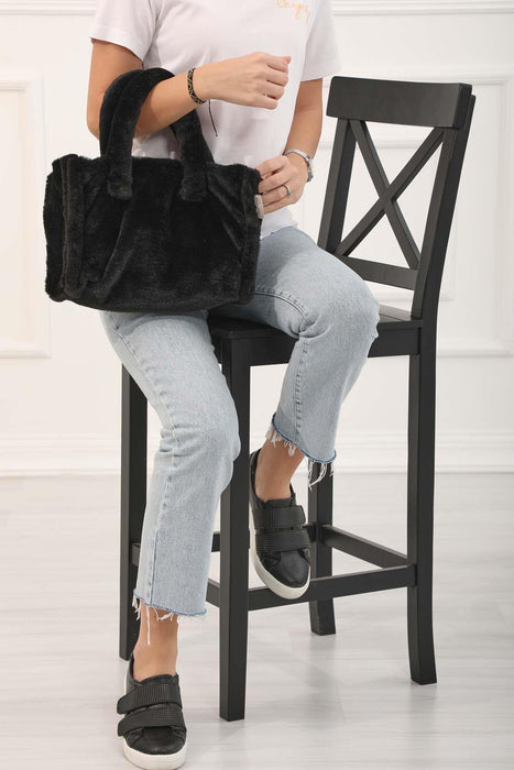 Faux Fur Plush Stylish Handbag for Women,CE-3 Black