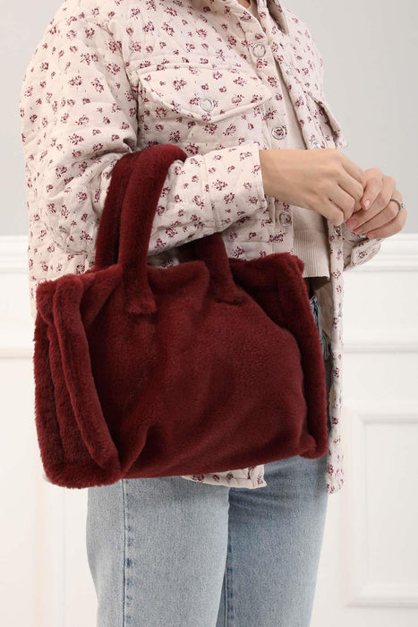 Faux Fur Plush Stylish Handbag for Women,CE-3 Maroon