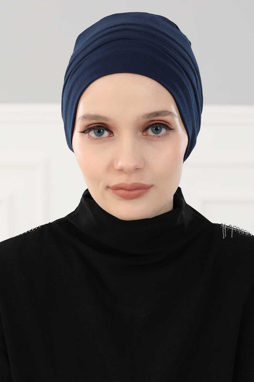 Flexible Instant Turban Bonnet Cap for Women, Plain Color High Quality Cotton Headwrap, Lightweight Cancer Chemo Headwear Turban Cover,B-34 Navy Blue
