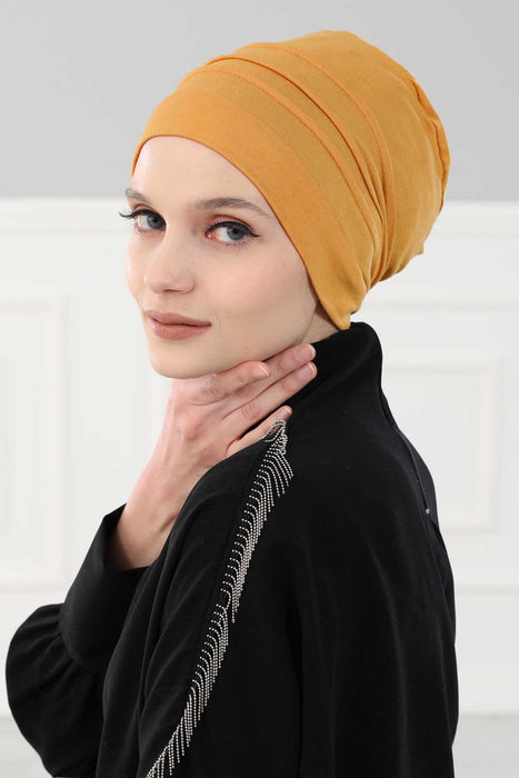 Flexible Instant Turban Bonnet Cap for Women, Plain Color High Quality Cotton Headwrap, Lightweight Cancer Chemo Headwear Turban Cover,B-34 Mustard Yellow