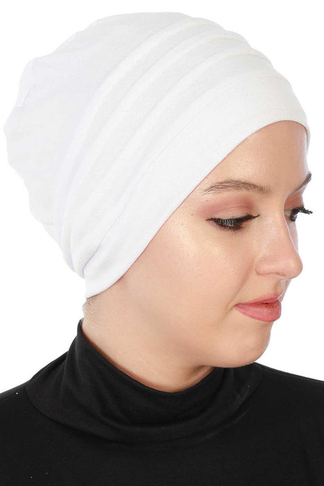 Flexible Instant Turban Bonnet Cap for Women, Plain Color High Quality Cotton Headwrap, Lightweight Cancer Chemo Headwear Turban Cover,B-34 White
