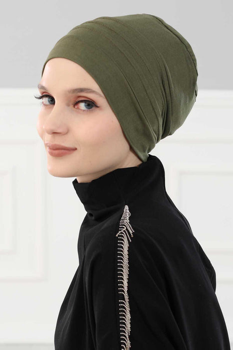 Flexible Instant Turban Bonnet Cap for Women, Plain Color High Quality Cotton Headwrap, Lightweight Cancer Chemo Headwear Turban Cover,B-34 Army Green