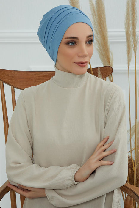 Flexible Instant Turban Bonnet Cap for Women, Plain Color High Quality Cotton Headwrap, Lightweight Cancer Chemo Headwear Turban Cover,B-34 Blue