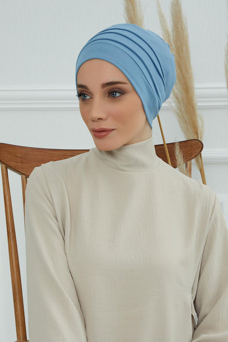 Flexible Instant Turban Bonnet Cap for Women, Plain Color High Quality Cotton Headwrap, Lightweight Cancer Chemo Headwear Turban Cover,B-34 Blue