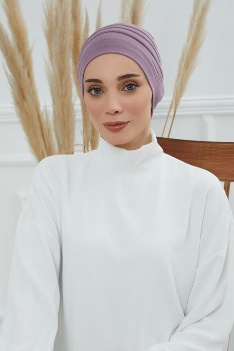 Flexible Instant Turban Bonnet Cap for Women, Plain Color High Quality Cotton Headwrap, Lightweight Cancer Chemo Headwear Turban Cover,B-34 Lilac
