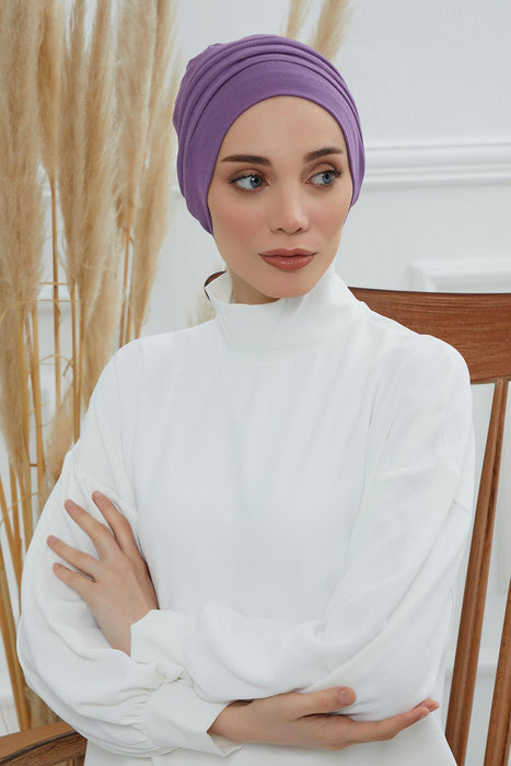 Flexible Instant Turban Bonnet Cap for Women, Plain Color High Quality Cotton Headwrap, Lightweight Cancer Chemo Headwear Turban Cover,B-34 Purple 2