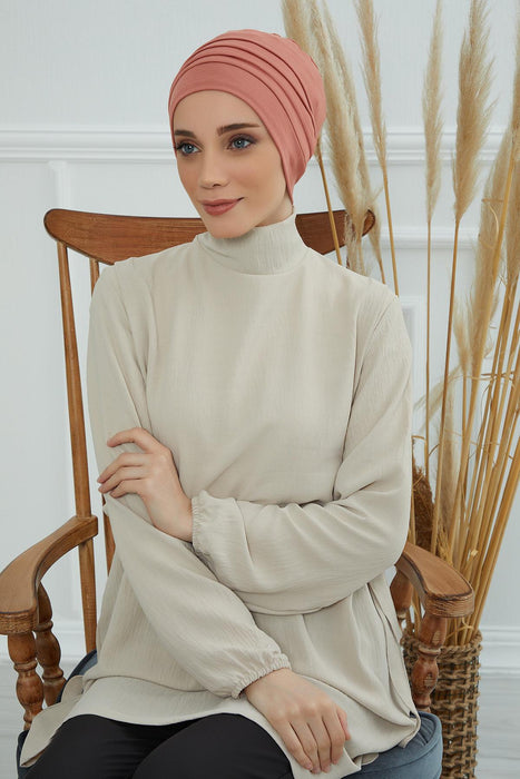 Flexible Instant Turban Bonnet Cap for Women, Plain Color High Quality Cotton Headwrap, Lightweight Cancer Chemo Headwear Turban Cover,B-34 Salmon