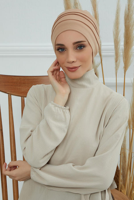 Flexible Instant Turban Bonnet Cap for Women, Plain Color High Quality Cotton Headwrap, Lightweight Cancer Chemo Headwear Turban Cover,B-34 Sand Brown