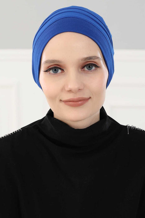 Flexible Instant Turban Bonnet Cap for Women, Plain Color High Quality Cotton Headwrap, Lightweight Cancer Chemo Headwear Turban Cover,B-34 Sax Blue