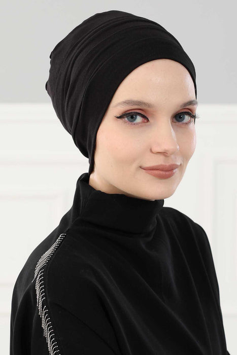 Flexible Instant Turban Bonnet Cap for Women, Plain Color High Quality Cotton Headwrap, Lightweight Cancer Chemo Headwear Turban Cover,B-34 Black