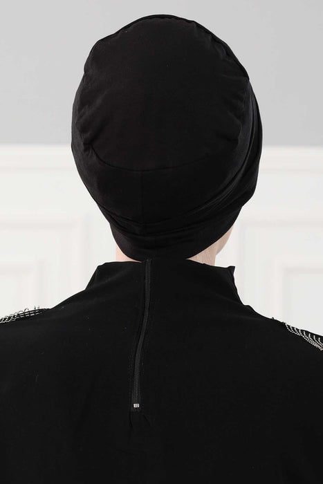 Flexible Instant Turban Bonnet Cap for Women, Plain Color High Quality Cotton Headwrap, Lightweight Cancer Chemo Headwear Turban Cover,B-34 Black