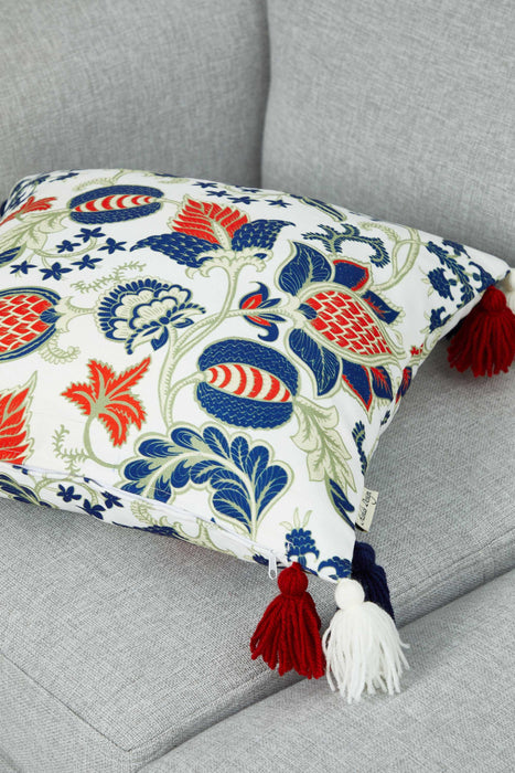 Floral Pillow Cover with Playful Corner Tassels, 18x18 Decorative Refreshing Coastal Botanical Cushion Cover for Chic Home Decor,K-365 Suzani Pattern 19