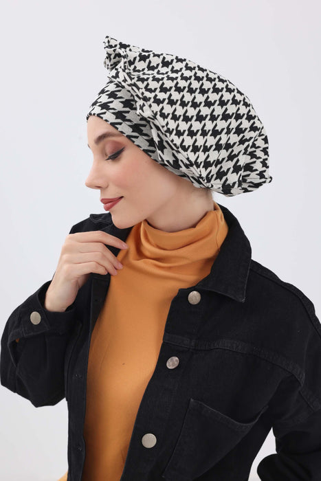 Winter-Turban-Kopftuch im französischen Stil, Winter-Turban für Damen mit Hahnentritt- und Leopardenmuster, elegantes Winter-Kopftuch im französischen Stil, B-79