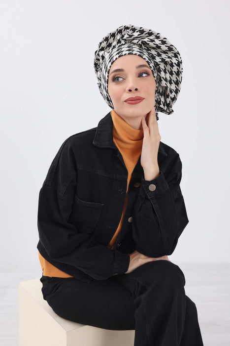 Winter-Turban-Kopftuch im französischen Stil, Winter-Turban für Damen mit Hahnentritt- und Leopardenmuster, elegantes Winter-Kopftuch im französischen Stil, B-79