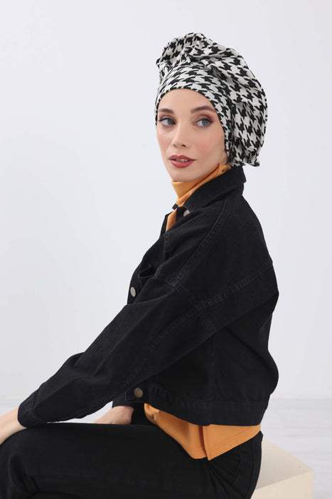 Winter-Turban-Kopftuch im französischen Stil, Winter-Turban für Damen mit Hahnentritt- und Leopardenmuster, elegantes Winter-Kopftuch im französischen Stil, B-79