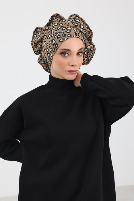 Winter-Turban-Kopftuch im französischen Stil, Winter-Turban für Damen mit Hahnentritt- und Leopardenmuster, elegantes Winter-Kopftuch im französischen Stil, B-79