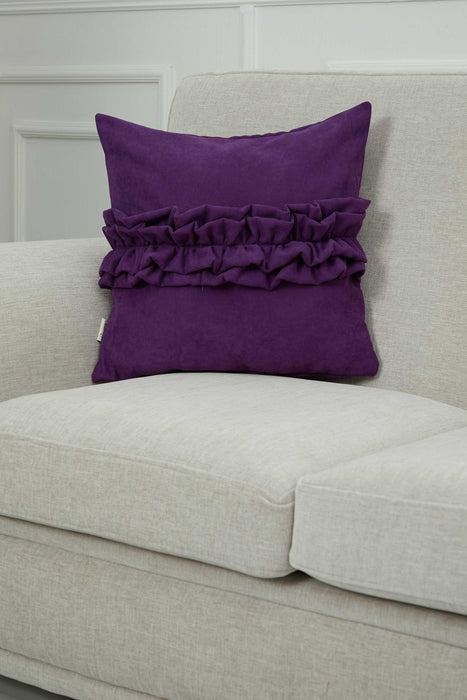 Handcrafted Throw Pillow with Elegant Ruffle Detail, Luxurious Cushion Cover for Living Room or Bedroom Decorations,K-270 Purple