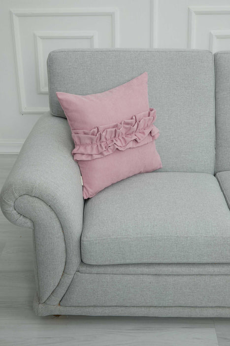 Handcrafted Throw Pillow with Elegant Ruffle Detail, Luxurious Cushion Cover for Living Room or Bedroom Decorations,K-270 Pink