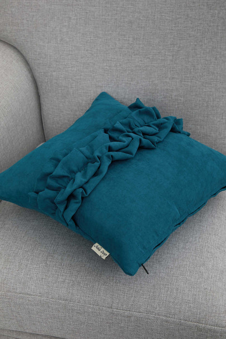 Handcrafted Throw Pillow with Elegant Ruffle Detail, Luxurious Cushion Cover for Living Room or Bedroom Decorations,K-270 Petrol Green